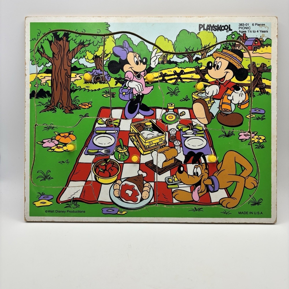 Vtg Playskool Wooden MickeyMinnie PlutoDonaldPuzzle Walt Disney 6 Peg Pieces USA